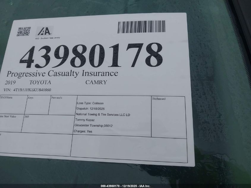 2019 Toyota Camry Se VIN: 4T1B11HK6KU840860 Lot: 43980178