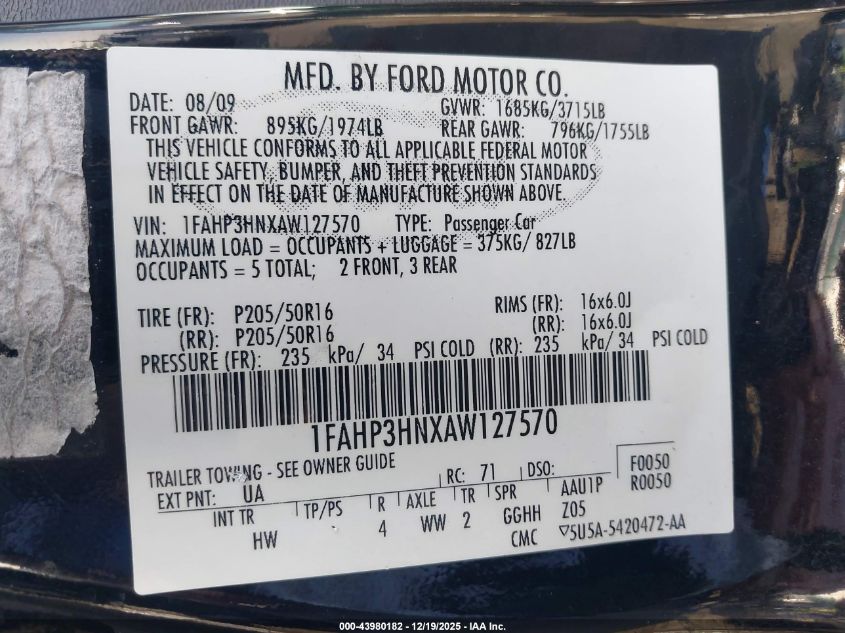 2010 Ford Focus Sel VIN: 1FAHP3HNXAW127570 Lot: 43980182