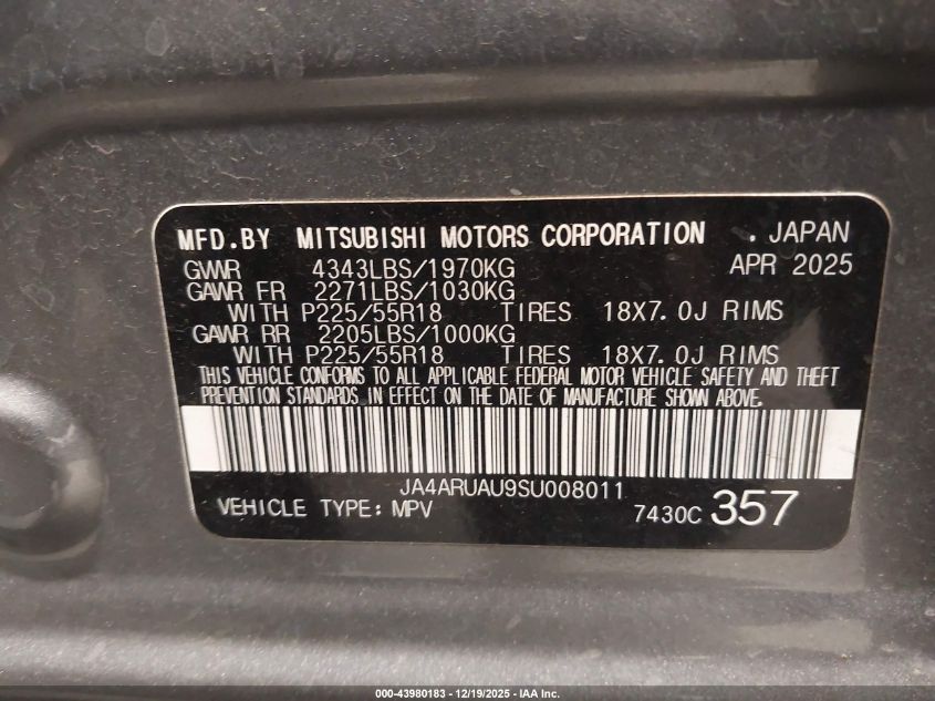 2025 Mitsubishi Outlander Sport 2.0 Es Awc/2.0 Le Awc/2.0 S Awc/2.0 Se Awc/2.0 Trail Edition Awc VIN: JA4ARUAU9SU008011 Lot: 43980183