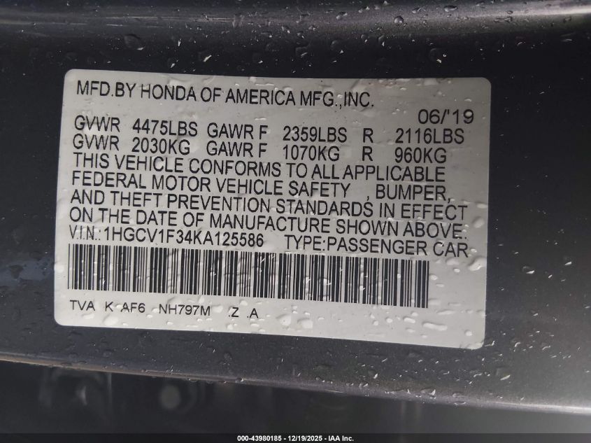2019 Honda Accord Sport VIN: 1HGCV1F34KA125586 Lot: 43980185