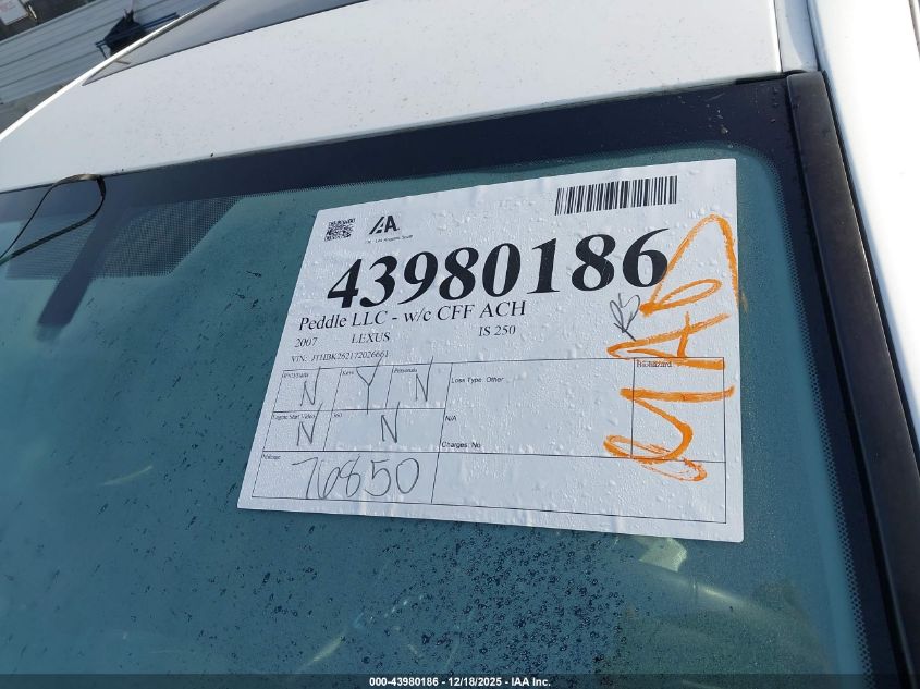 2007 Lexus Is 250 VIN: JTHBK262172026661 Lot: 43980186