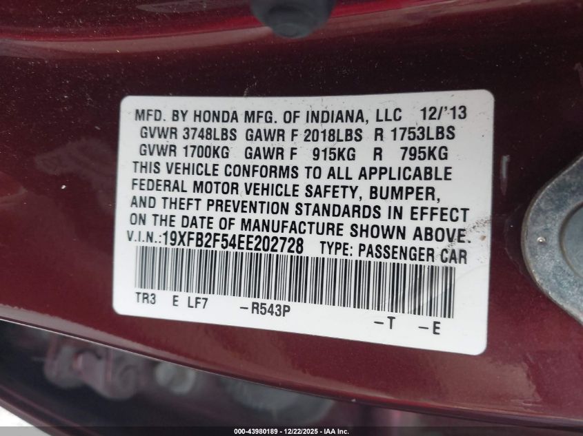 2014 Honda Civic Lx VIN: 19XFB2F54EE202728 Lot: 43980189