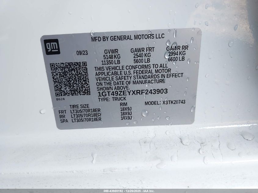 2024 GMC Sierra 2500Hd 4Wd Standard Bed At4X VIN: 1GT49ZEYXRF243903 Lot: 43980192