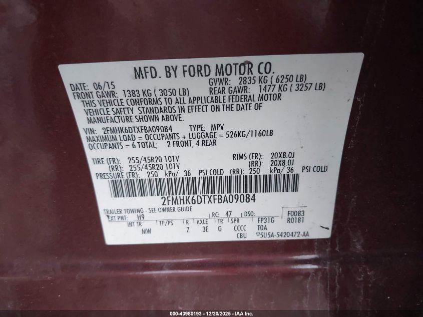 2015 Ford Flex Limited VIN: 2FMHK6DTXFBA09084 Lot: 43980193