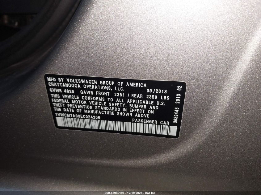 2014 Volkswagen Passat 3.6L V6 Sel Premium VIN: 1VWCM7A39EC024206 Lot: 43980196