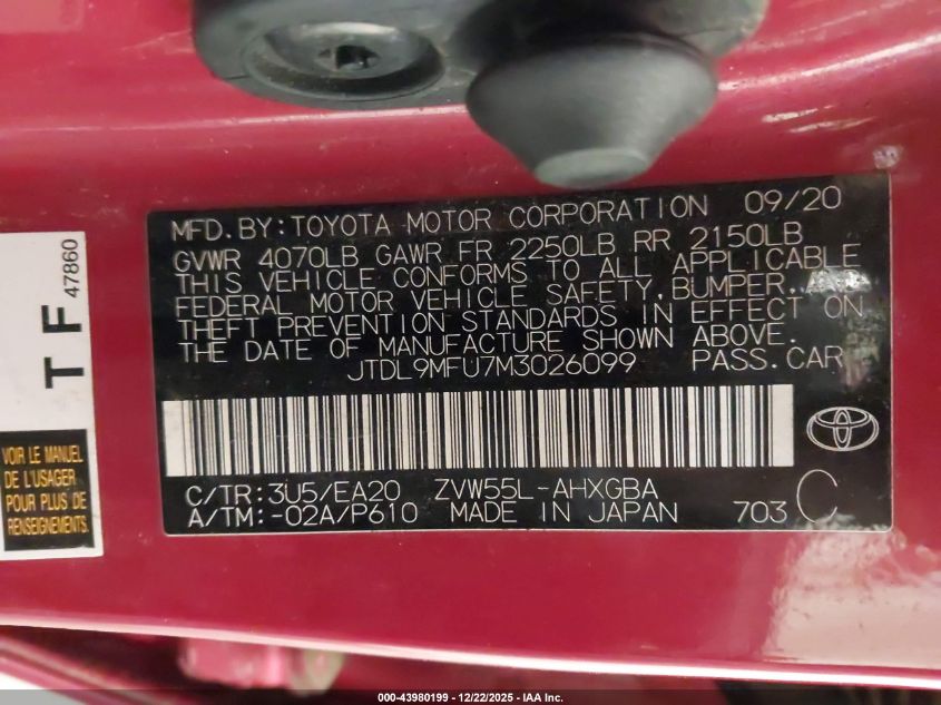 2021 Toyota Prius Xle Awd-E VIN: JTDL9MFU7M3026099 Lot: 43980199