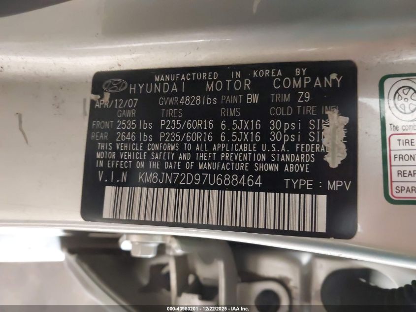 2007 Hyundai Tucson Limited/Se VIN: KM8JN72D97U688464 Lot: 43980201