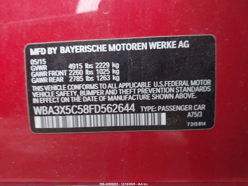 2015 BMW 328I Gran Turismo xDrive VIN: WBA3X5C58FD562644 Lot: 43980203