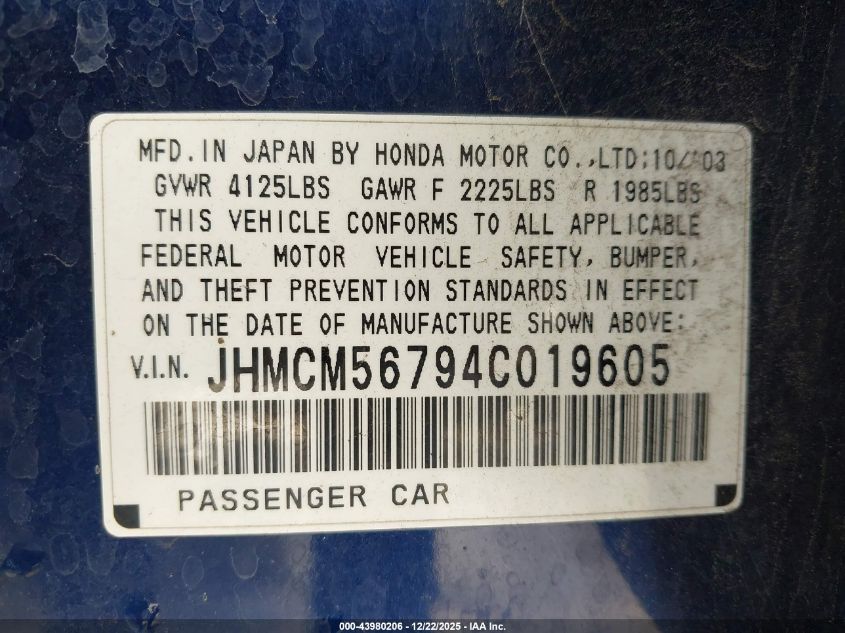 2004 Honda Accord 2.4 Ex VIN: JHMCM56794C019605 Lot: 43980206