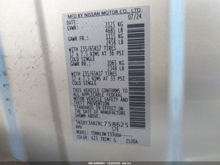 2024 Nissan Rogue S Intelligent Awd VIN: 5N1BT3AB2RC758625 Lot: 43980207