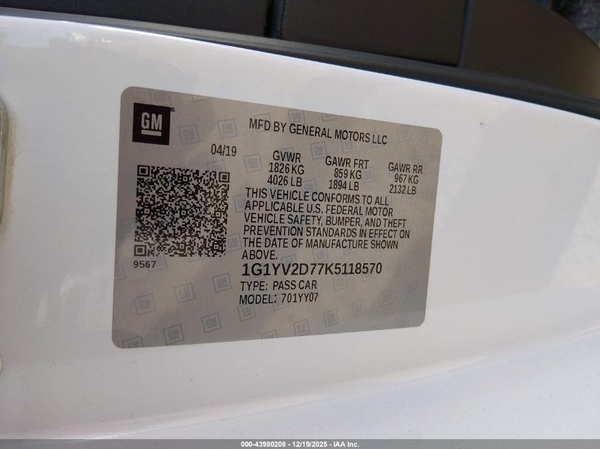 2019 Chevrolet Corvette Grand Sport VIN: 1G1YV2D77K5118570 Lot: 43980208