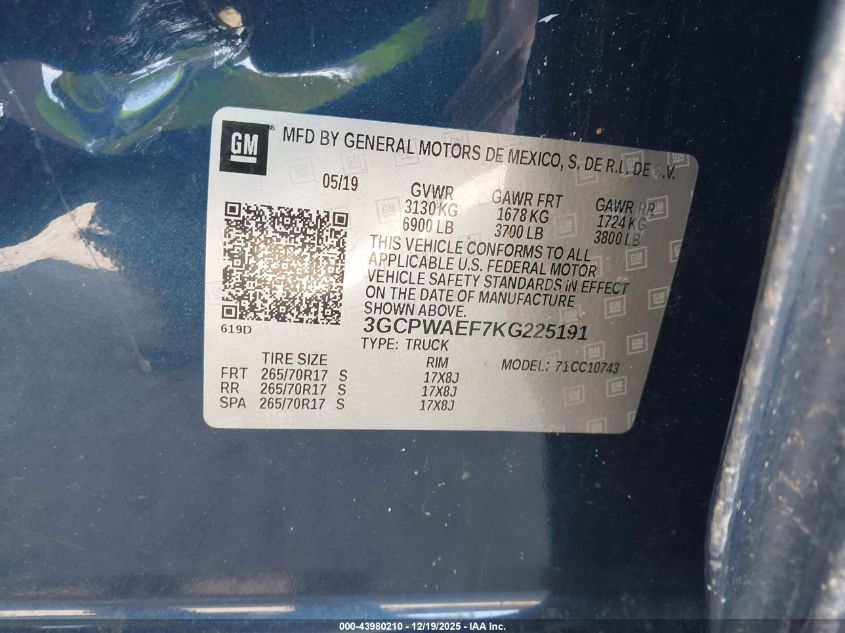 2019 Chevrolet Silverado 1500 Work Truck VIN: 3GCPWAEF7KG225191 Lot: 43980210
