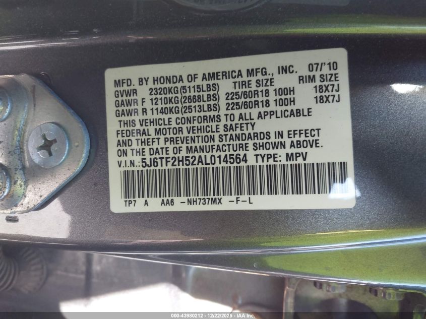 2010 Honda Accord Crosstour Ex-L VIN: 5J6TF2H52AL014564 Lot: 43980212