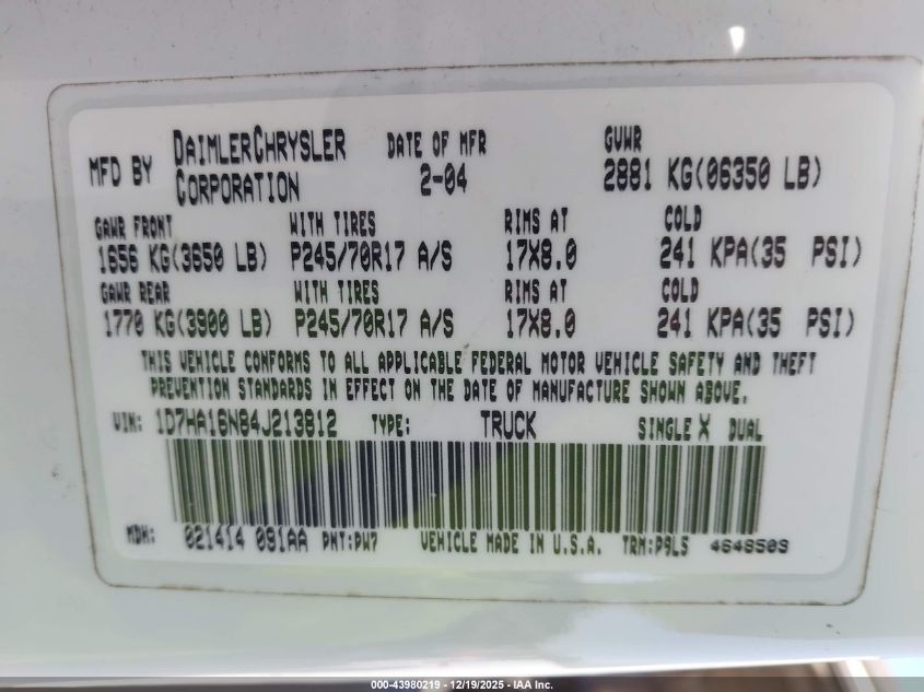 2004 Dodge Ram 1500 St VIN: 1D7HA16N84J213812 Lot: 43980219