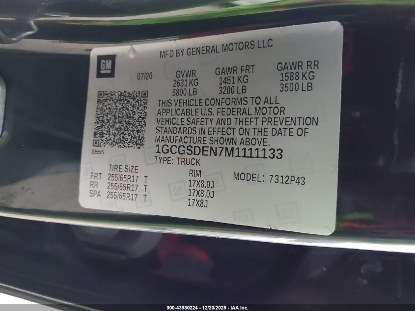 2021 Chevrolet Colorado 2Wd Short Box Z71 VIN: 1GCGSDEN7M1111133 Lot: 43980224