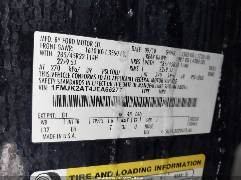 2018 Ford Expedition Max Limited VIN: 1FMJK2AT4JEA66277 Lot: 43980226