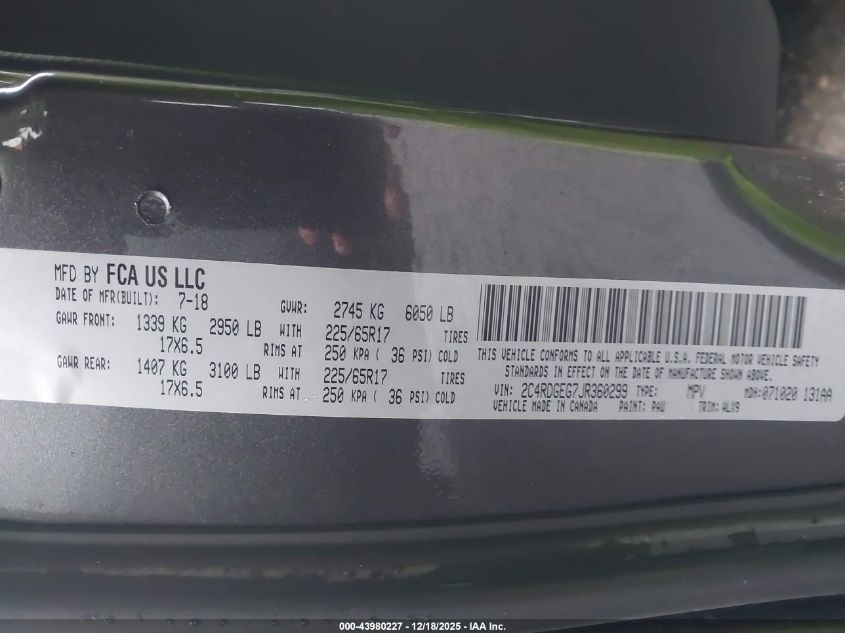 2018 Dodge Grand Caravan Gt VIN: 2C4RDGEG7JR360299 Lot: 43980227