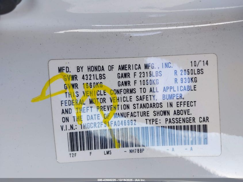 2015 Honda Accord Sport VIN: 1HGCR2F51FA046992 Lot: 43980229