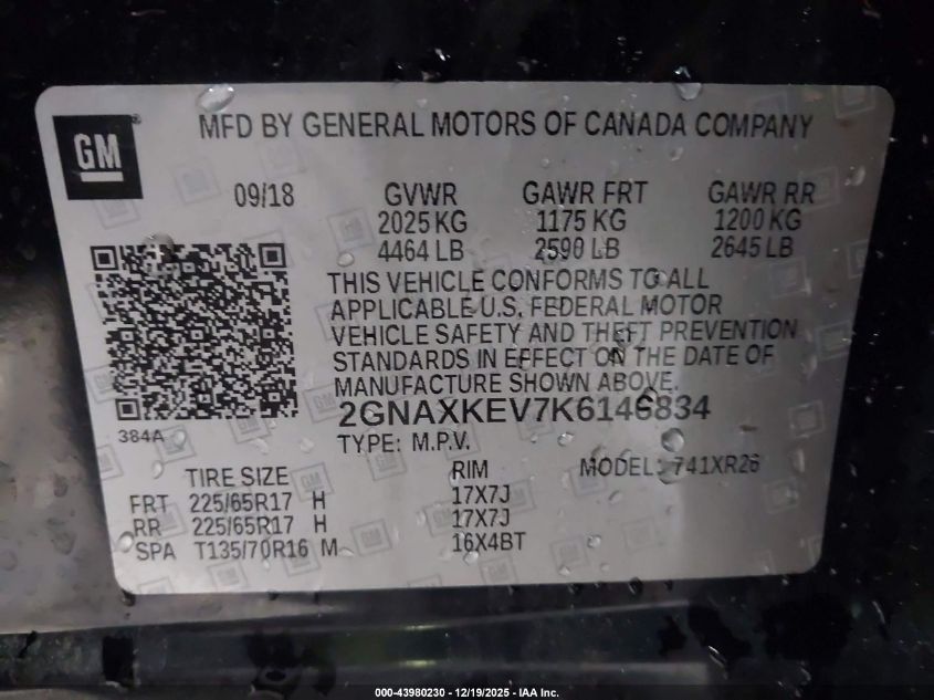 2019 Chevrolet Equinox Lt VIN: 2GNAXKEV7K6146834 Lot: 43980230