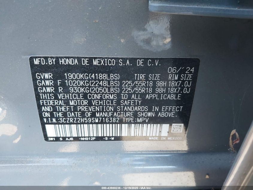 2025 Honda Hr-V Awd Sport VIN: 3CZRZ2H59SM716382 Lot: 43980236