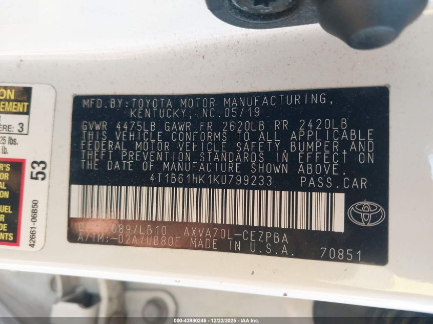 2019 Toyota Camry Xse VIN: 4T1B61HK1KU799233 Lot: 43980246