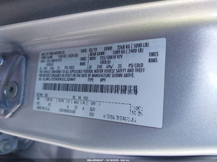 2019 Lincoln Mkc Reserve VIN: 5LMCJ3D9XKUL32441 Lot: 43980247