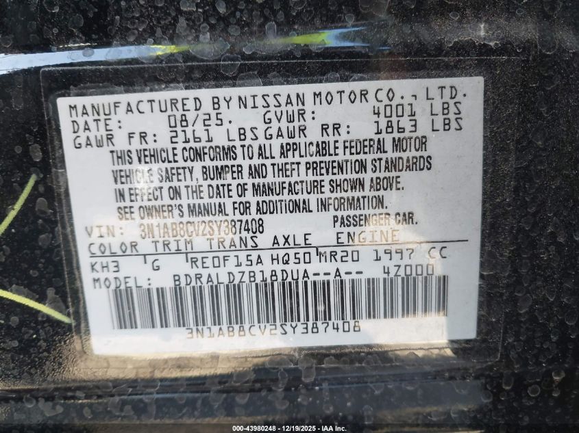 2025 Nissan Sentra Sv VIN: 3N1AB8CV2SY387408 Lot: 43980248