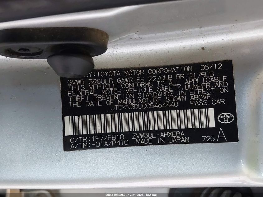 2012 Toyota Prius Two VIN: JTDKN3DU0C5464440 Lot: 43980250