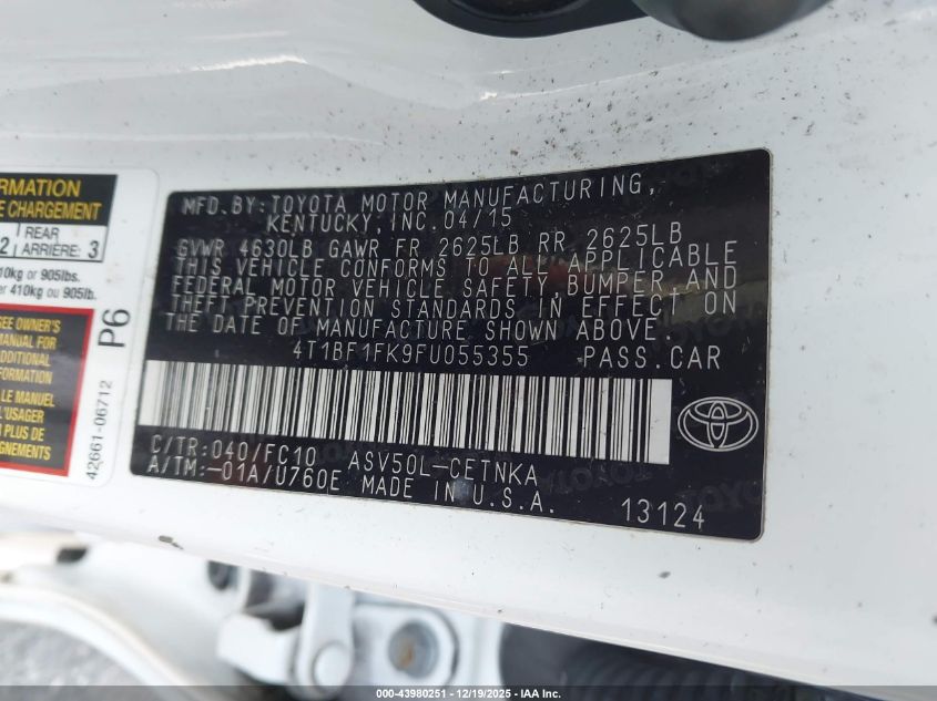 2015 Toyota Camry Le VIN: 4T1BF1FK9FU055355 Lot: 43980251