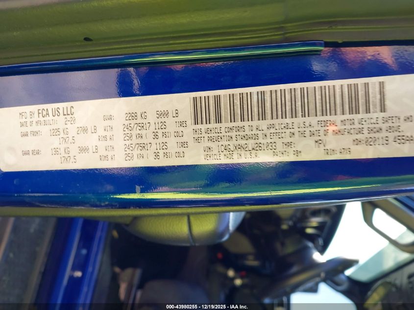 2020 Jeep Wrangler Sport 4X4 VIN: 1C4GJXAN2LW261033 Lot: 43980255