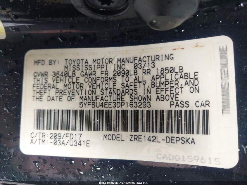 2013 Toyota Corolla S VIN: 5YFBU4EE3DP163293 Lot: 43980256