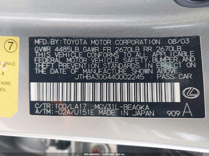 2004 Lexus Es 330 VIN: JTHBA30G440002245 Lot: 43980263