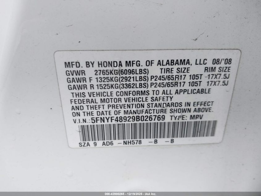 2009 Honda Pilot Touring VIN: 5FNYF48929B026769 Lot: 43980265
