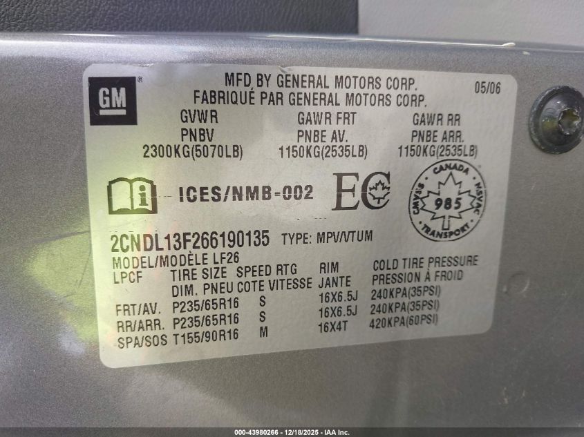 2006 Chevrolet Equinox Ls VIN: 2CNDL13F266190135 Lot: 43980266