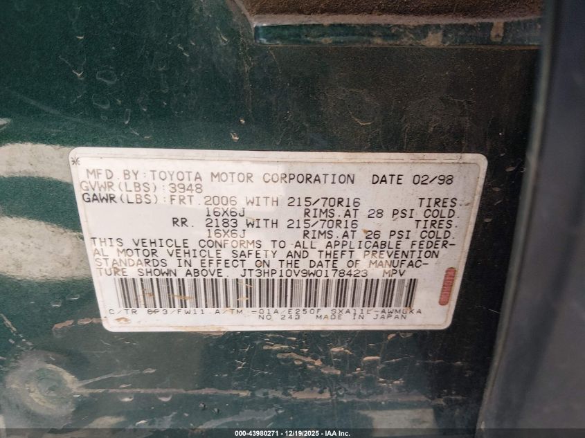 1998 Toyota Rav4 VIN: JT3HP10V9W0178423 Lot: 43980271