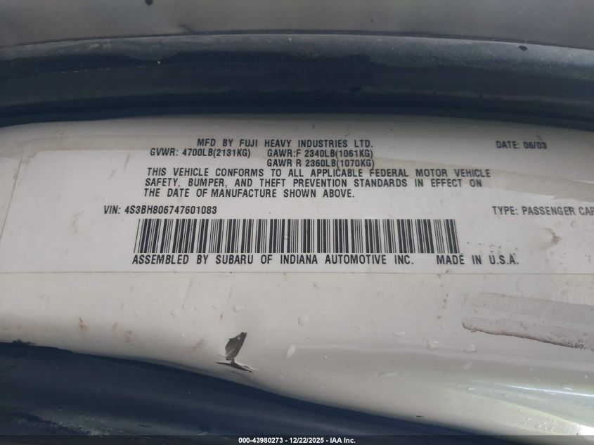 2004 Subaru Outback H6-3.0 L.l. Bean Edition VIN: 4S3BH806747601083 Lot: 43980273