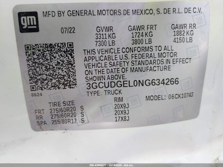 2022 Chevrolet Silverado 1500 4Wd Standard Bed Ltz VIN: 3GCUDGEL0NG634266 Lot: 43980277