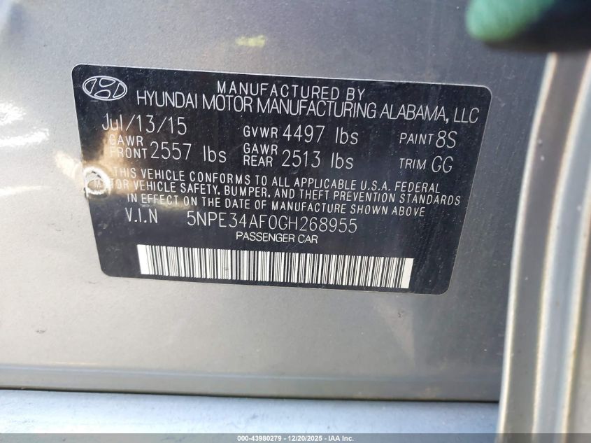 2016 Hyundai Sonata Sport VIN: 5NPE34AF0GH268955 Lot: 43980279