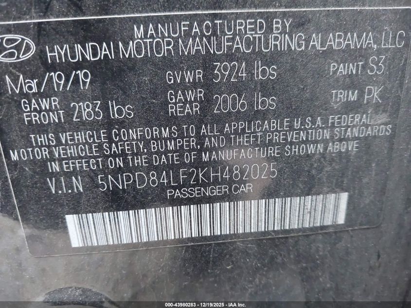 2019 Hyundai Elantra Limited VIN: 5NPD84LF2KH482025 Lot: 43980283