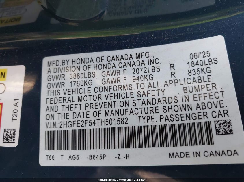 2026 Honda Civic Sport VIN: 2HGFE2F54TH501582 Lot: 43980287