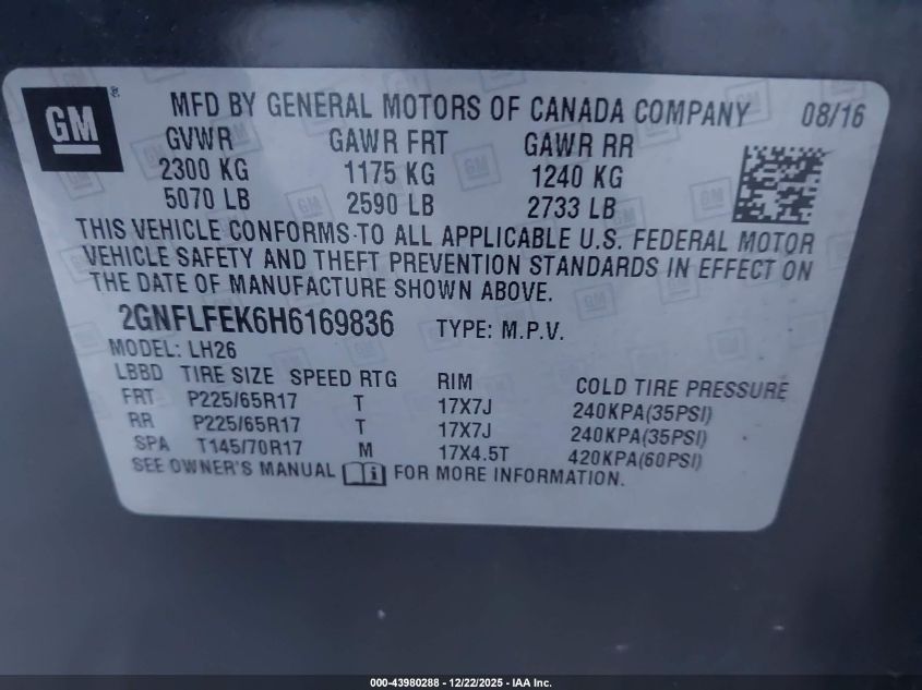 2017 Chevrolet Equinox Lt VIN: 2GNFLFEK6H6169836 Lot: 43980288