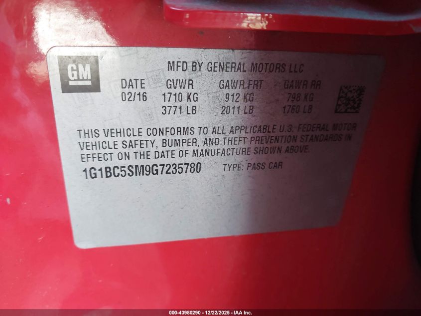 2016 Chevrolet Cruze Ls Auto VIN: 1G1BC5SM9G7235780 Lot: 43980290