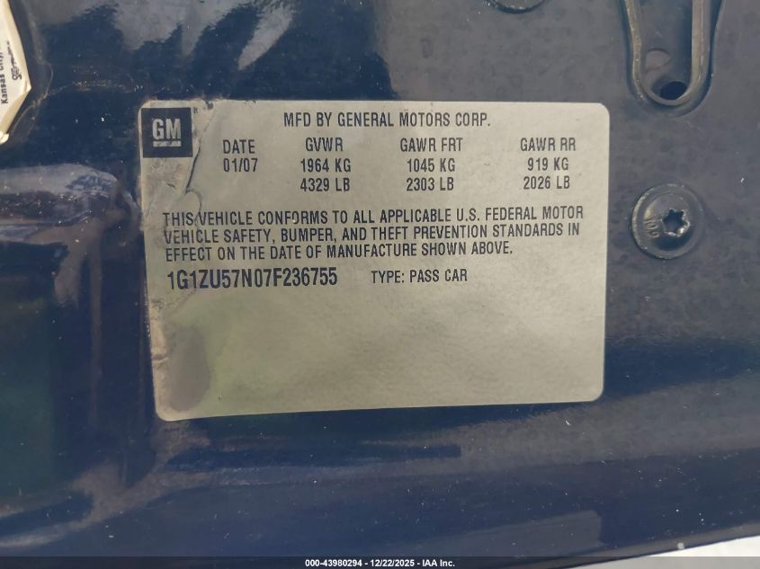 2007 Chevrolet Malibu Ltz VIN: 1G1ZU57N07F236755 Lot: 43980294