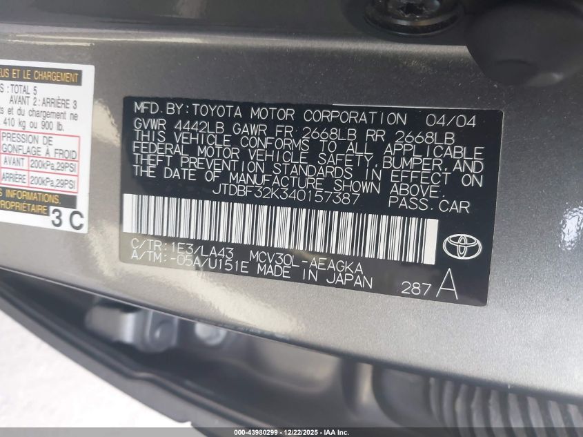 2004 Toyota Camry Xle V6 VIN: JTDBF32K340157387 Lot: 43980299