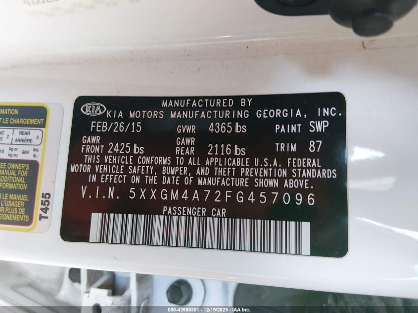 2015 Kia Optima Lx VIN: 5XXGM4A72FG457096 Lot: 43980301