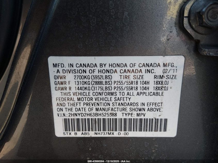 2011 Acura Mdx Technology Package VIN: 2HNYD2H63BH525588 Lot: 43980304