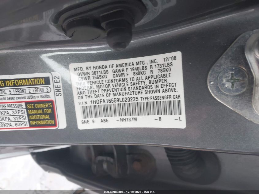 2009 Honda Civic Lx VIN: 1HGFA16559L020225 Lot: 43980306