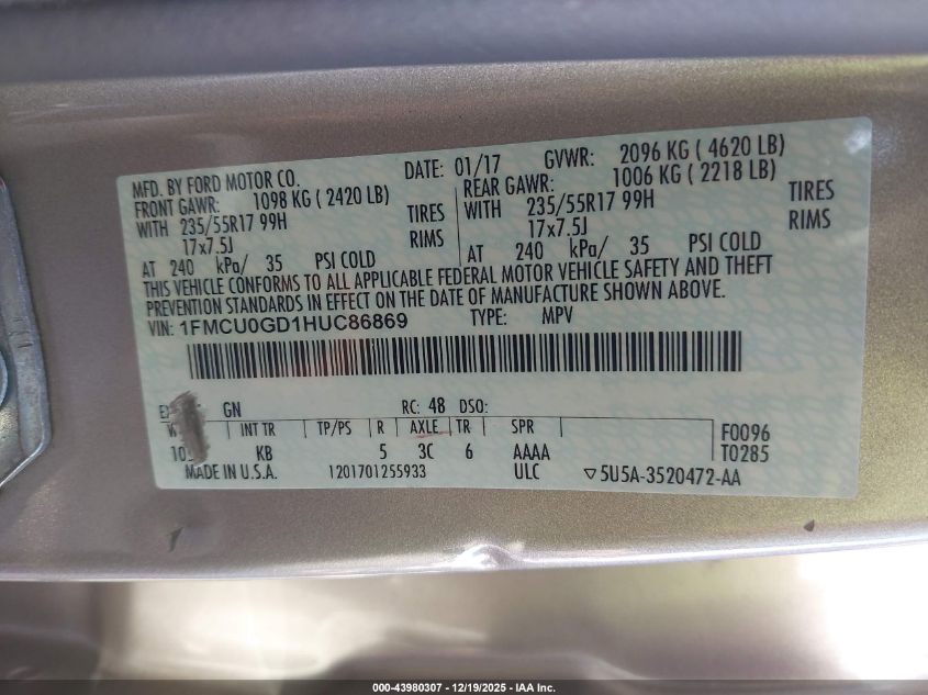 2017 Ford Escape Se VIN: 1FMCU0GD1HUC86869 Lot: 43980307