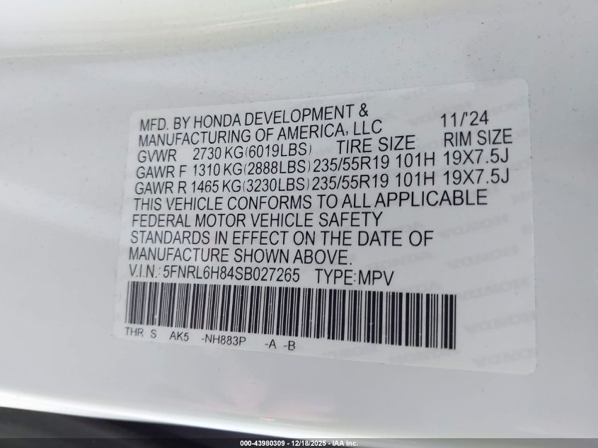 2025 Honda Odyssey Touring VIN: 5FNRL6H84SB027265 Lot: 43980309