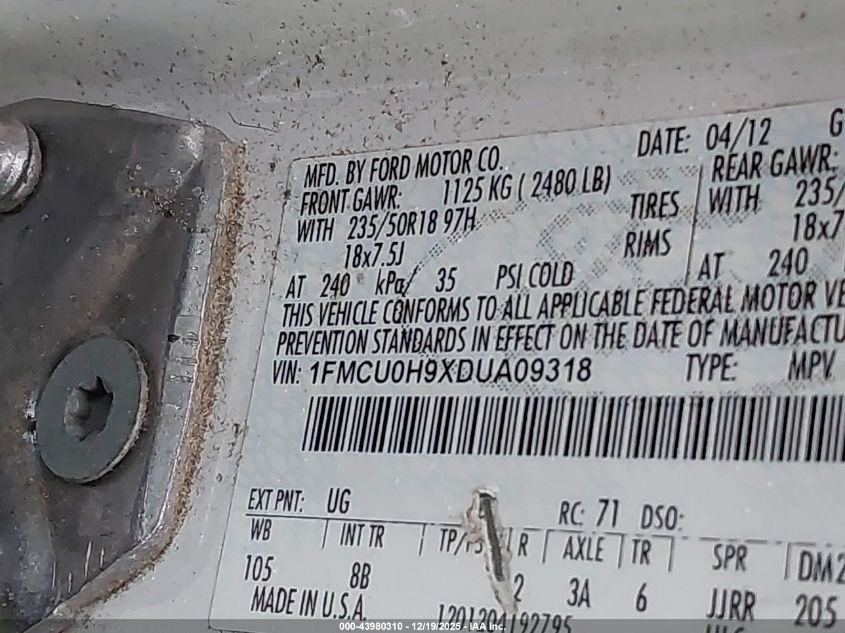 2013 Ford Escape Sel VIN: 1FMCU0H9XDUA09318 Lot: 43980310